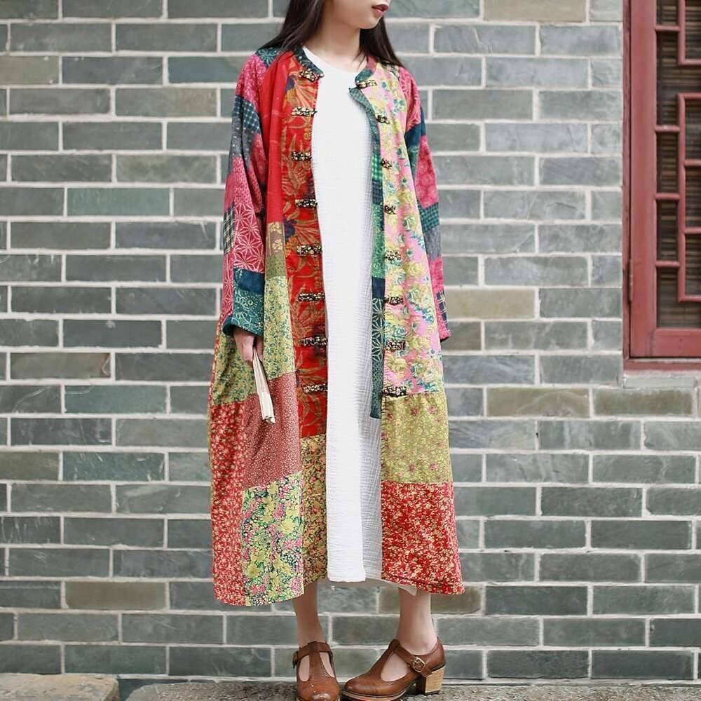 Floral Print Linen Cotton Jacket Bohemian Patchwork Outwear Women Large - Picture 7 of 8